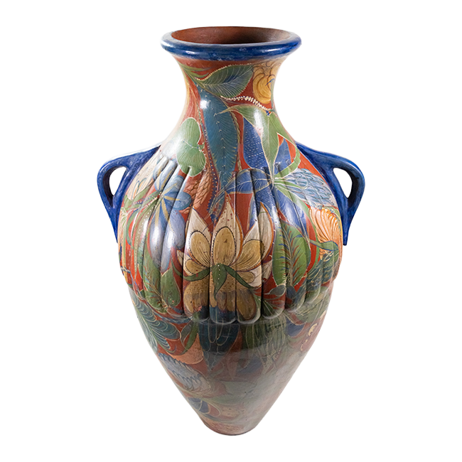 Large pottery vase with two blue handles and a floral design over orange color.