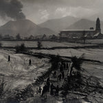Black and white photograph of the Eruption of Parícutin with the Church of San Juan Parangaricutiro in the background.
