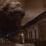 Sepia photograph of the eruption of Parícutin, taken in the streets of Uruapan.