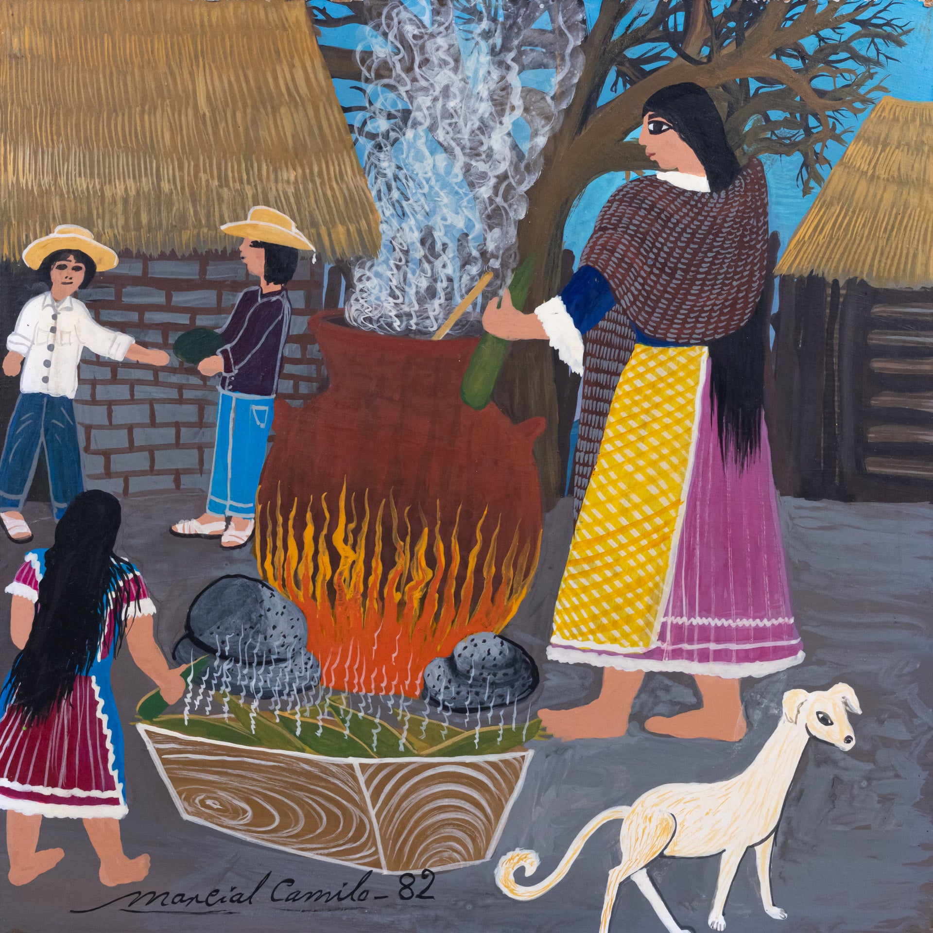 Oil on wood painting of an outdoor village scene, with stone buildings in the background, a woman cooking with an open fire, children in the background and a white dog in the foreground.
