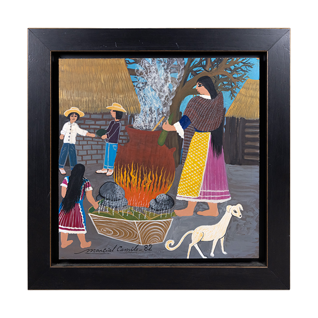 Framed oil on wood painting of an outdoor village scene, with stone buildings in the background, a woman cooking with an open fire, children in the background and a white dog in the foreground.