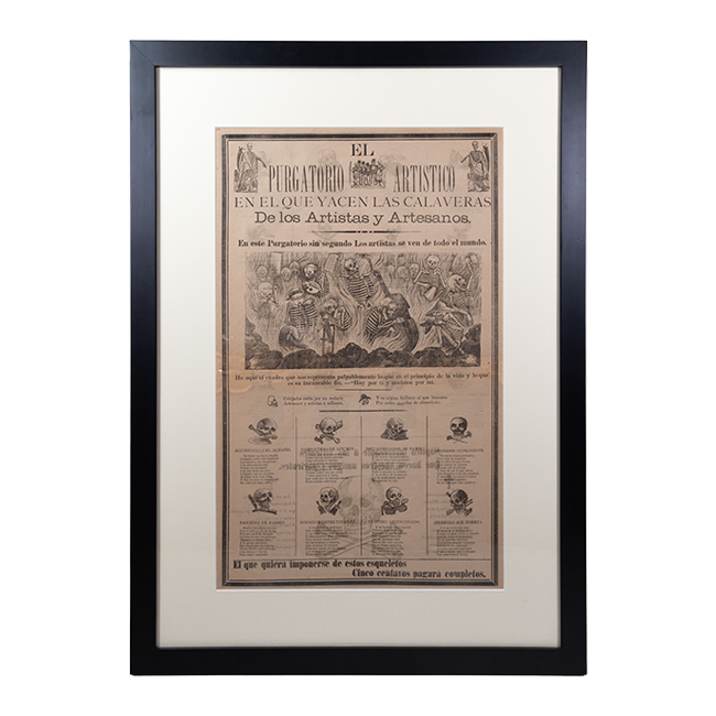 Framed and matted broadside print on beige paper entitled, "El Purgatorio Artistico," with artwork of a many calaveras depicting different types of artists gathering together.